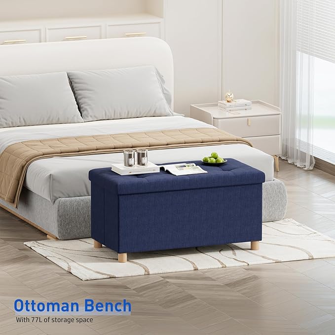 BRIAN & DANY 30 Inches Folding Storage Ottoman Bench, Ottoman with Storage Bench for Bedroom, Living Room, Entryway, Foot Rest with Legs, Blue
