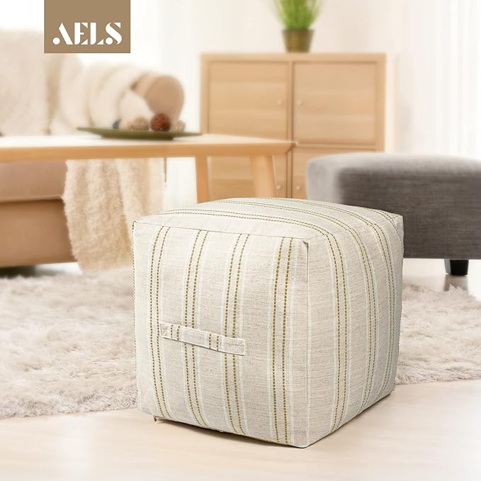 AELS Unstuffed Farmhouse Pouf Cover for Living Room, Boho Storage Bean Bag Cubes, Beige with Brown Stitch Yarn Dyed Stripe Square Ottoman Pouf Foot Rest Footstool, 18"x18"x18", Cover ONLY