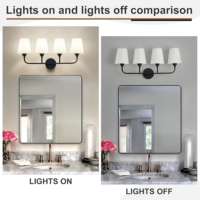 Kvhilw Bathroom Vanity Light, Matte Black Bathroom Light Fixtures, 4-Light Lighting Fixtures Over Miror, Modern Wall Sconce with Flared White Fabric Shade, E26 Socket(ETL Listed)