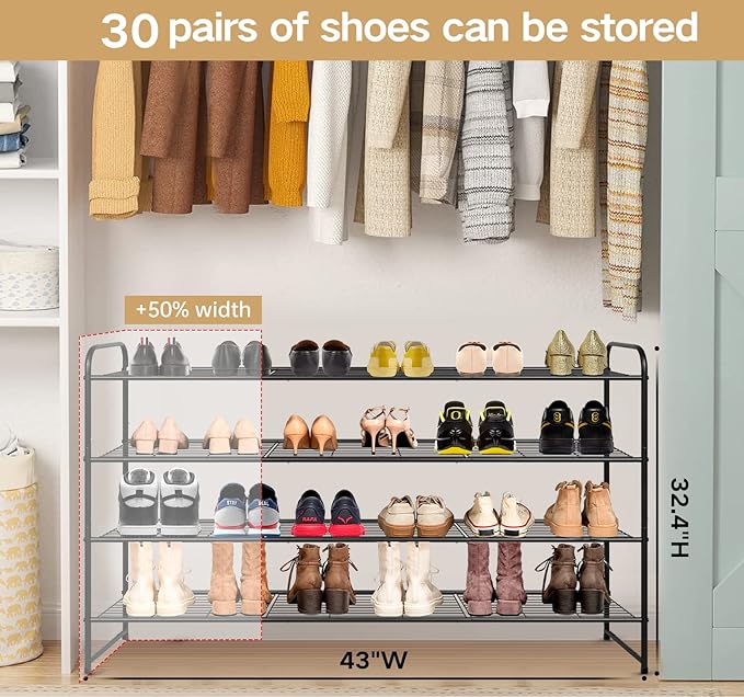 KEETDY 4-Tier Long Shoe Rack for Closet Metal Shoe Organizer for Entryway, Wide Stackable Shoe Storage Shelf with Sturdy Wire Grid for Closet Floor, Bedroom, Black