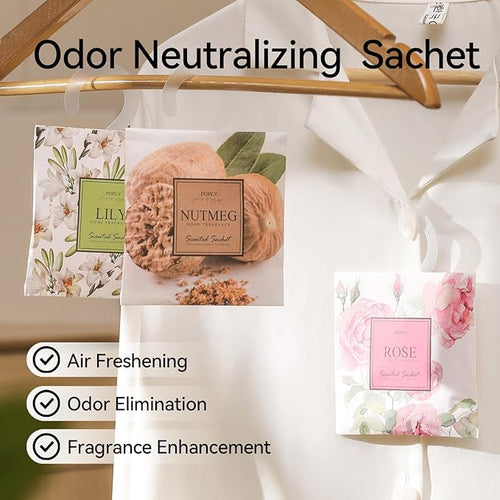 12 Pack Large Rose Scented Sachets – Hanging Closet & Drawer Deodorizer & Air Freshener, Long-Lasting Aroma