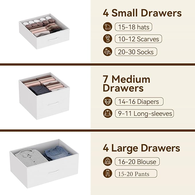 GarveeHome 15 Drawers Dressers, Chest of Drawers with Wood Tabletop, Metal Frame, Storage Organizer Unit with Fabric, Tall Dressers for Bedroom Living Room Hallway Entryway, White