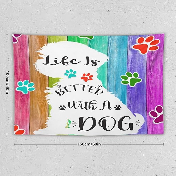 VUMIVI Cute Dog Tapestry Rainbow Color Planks Rustic Farmhouse Home Decor Pet Paws Tapestry Wall Hanging for Living Room Bedroom Dorm Classroom Aesthetic Decor W60xL40in