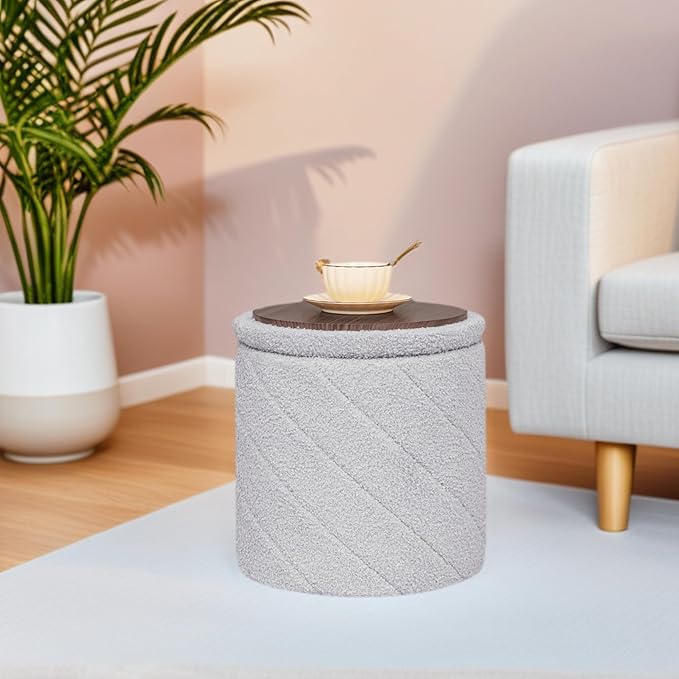 13" Foldable Boucle Round Storage Ottoman,Space-Saving Footrest/Seating/Coffee Table for Small Apartments,Dorms & Bedrooms-Grey