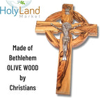 Holy Land Market 6" Celtic Olive Wood Wall Crucifix – Handmade in Bethlehem with Metal Saint Benedict Medal (Front & Back), Certificate, Prayer Card & Medal Explanation – Solid Olive Wood Cross