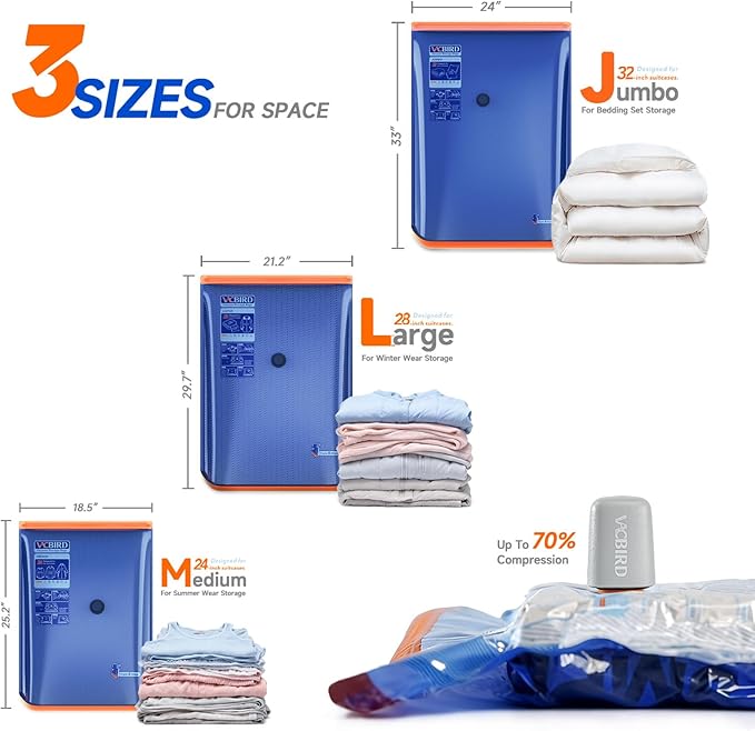 Vacuum Storage Bags with Rechargeable Cordless Pump,15 Pack 3 Size Compression Packing Cubes Seal Bags, Space Saver for Clothes and Clothing Blankets Organization Space Saving