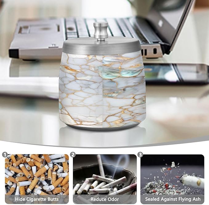 Marble Textures Ashtray with Lid, Outdoor Ashtrays for Patio, Stainless Steel Ashtray Odorless Smokeless for Home Office Balcony