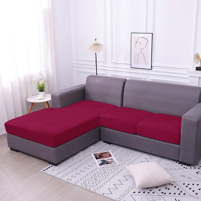 hyha Velvet Couch Cushion Covers, Stretch Chaise Lounge Sectional Couch Seat Covers L Shape for Sectional Sofa, Soft Sofa Cushion Slipcover Washable with Elastic Bottom(XL Chaise, Wine Red)