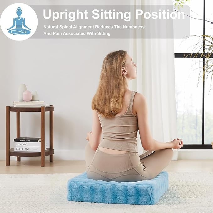 2 Pcs High Density Foam Floor Pillow - Upgraded Large Pillows Seating for Adults - Outdoor Floor Cushion with Soft Tufted Cover - Yoga Pillows for Sitting On Floor - 22 Inch Sky Blue