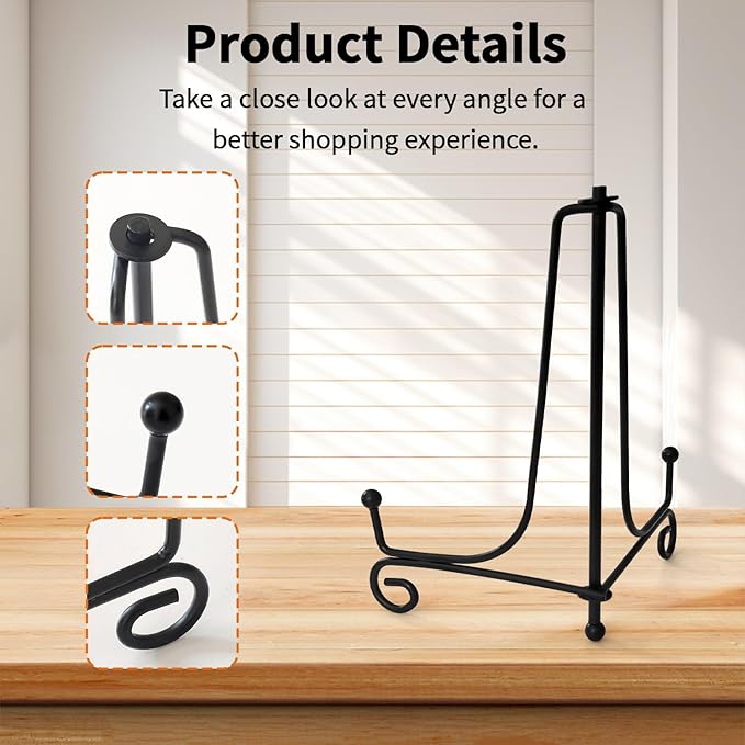 Iron Plate Stands for Display, Foldable Book Holder & Easel Stand for Sign, Versatile Poster Stand and Small Plate Stand for Home Decor, Art, Photo Frame, Card, Crystal Display (Black, 8 inch (4Pcs))