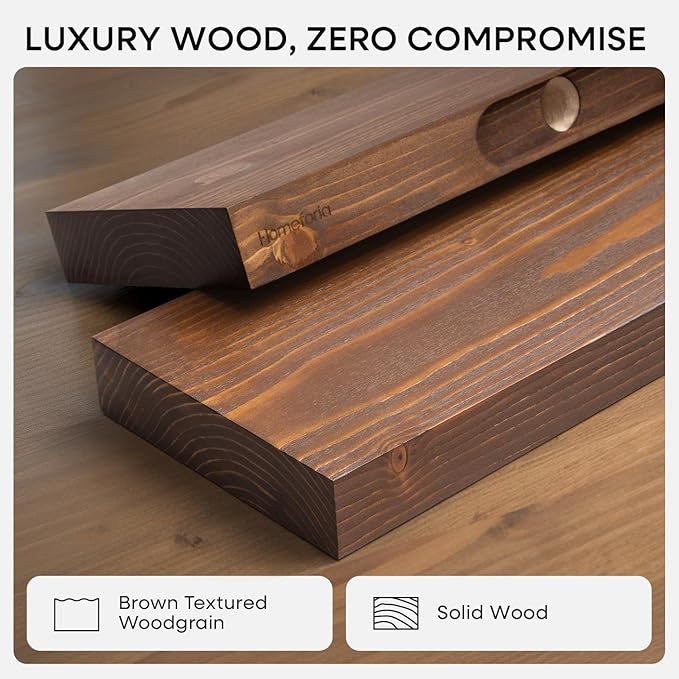 Homeforia Classic Walnut 18 inch Floating Shelf, High End Solid Real Wood Small 18inch Floating Shelves for Wall Mounted, 18in Floating Shelves, Heavy Duty Bracket, 18 X 6.5 X 1.75 inches, Set of 3