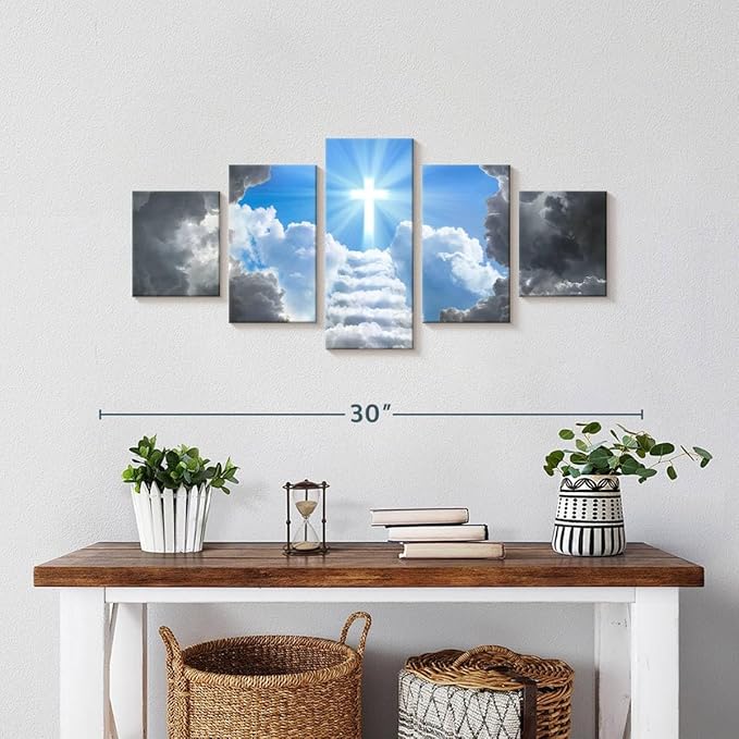 ElephantStock Stairway To Jesus Christ Wall Art Multi Piece Canvas - 5 Panel Christian Pictures Decor - Digital Design Canvas Print - Christian Wall Decor - 29" X 12"