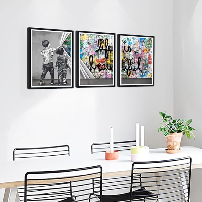 Novatique Banksy Canvas Wall Art for Living Room Colorful Graffiti Poster Canvas Print Behind the Curtain Framed Modern Home Office Decor,12" x 16" x 3Pcs