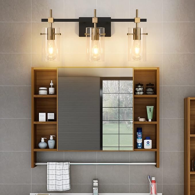 SOLFART Vintage Vanity Lights Bathroom Light Fixture Over Mirror for Bath Glass Shade Light Black and Brass Modern Style 3 Lights