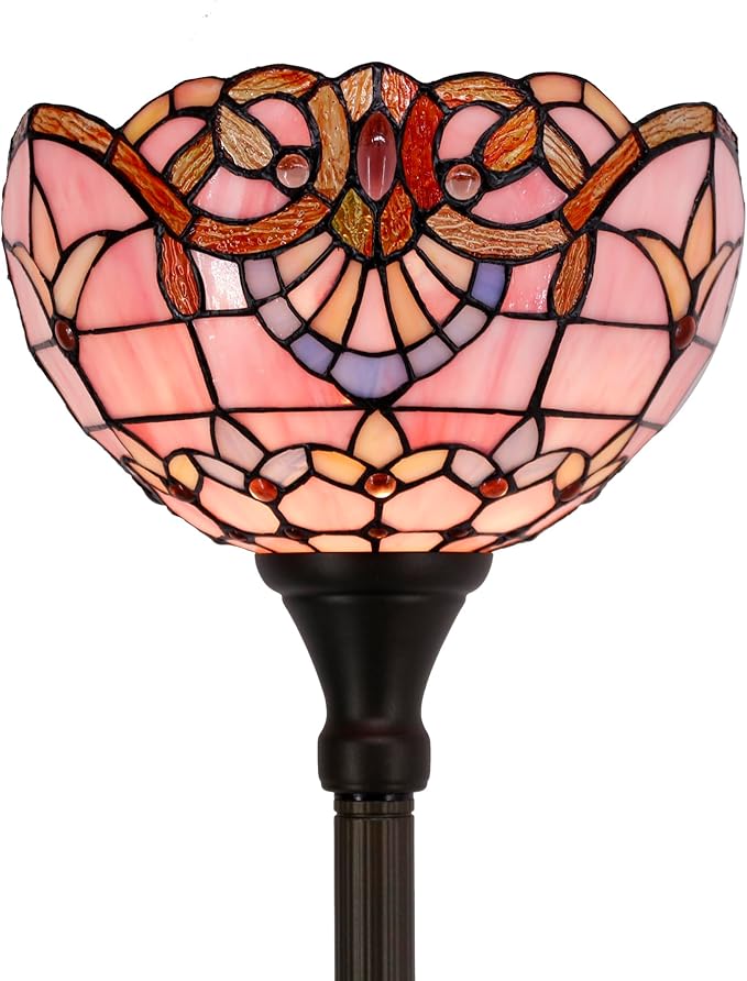 WERFACTORY Tiffany Floor Lamp Pink Baroque Stained Glass Light 12X12X71 Inches Pole Torchiere Standing Corner Torch Uplight Decor Bedroom Living Room Home Office S003P Series