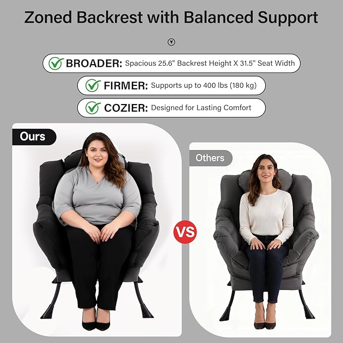 Lazy Chair with Ottoman, Modern Accent Chair with Lumbar Pillow, Black Sofa, Lounge Chairs with Folding Footrest, Oversized Supportive Chairs for Bedroom, Reading