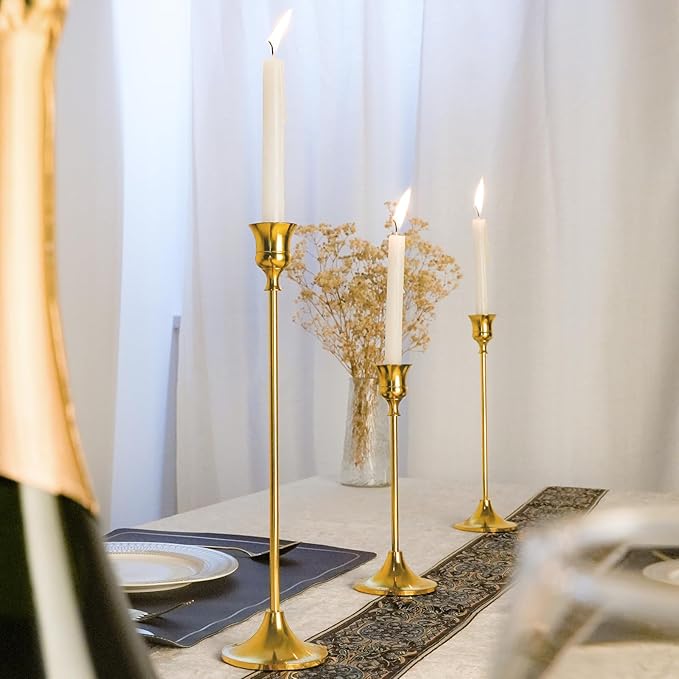 Metal Candle Holders for Candlesticks Taper Candlestick Holders Set Vintage Decorative Centerpiece Candelabra Tall Candle Stands (Gold, 2 Sets (6 pcs))