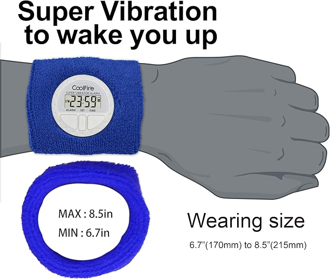Coolfire Vibrating Alarm Clock - Silent Wristband Watch for Deep Sleepers, Vibration Bracelet With Shock Feature (Blue)