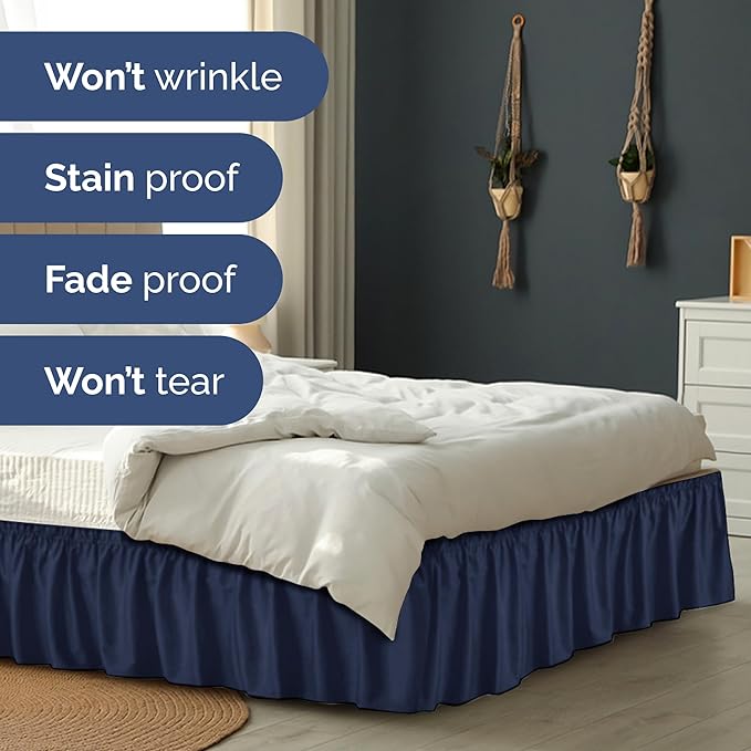 Wrap Around Dust Ruffle Bed Skirt - Navy Blue - for Queen Size Beds with 15 Inch Drop - Elastic Strap - Adjustable Pleated Bedskirt with Brushed Fabric and Wrinkle Free - for Women, Men, Kids & Teens