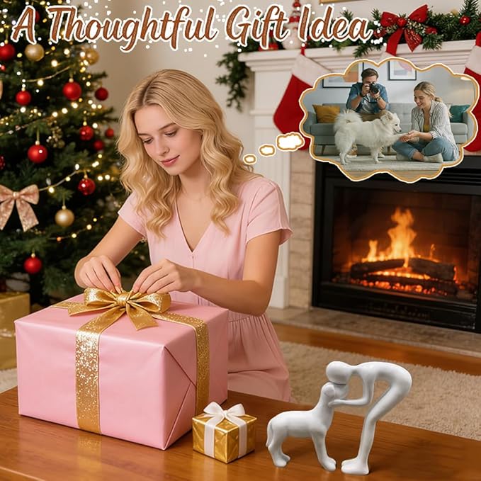 Human and Dog Statue Decoration, Cute Pet Sculpture Home Decor Tabletop Ornament Figurines Office Living Room Bedroom Home, for Dog Lovers Friends Family Decoration, White Color