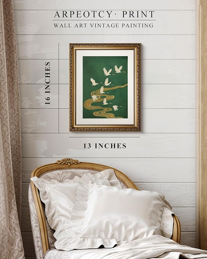 ARPEOTCY Vintage Gold Framed Wall Art Decor, 13x16 Inch Elegant Crane and Golden Stream Canvas Print, Oriental Bird Painting for Living Room Bedroom Office