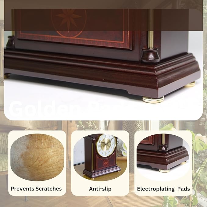 Mantel Clock Antique Classic Luxury Style Golden Clock Dial Alnus Wood Clock Frame Hourly Chime Non-Ticking Night Mode
