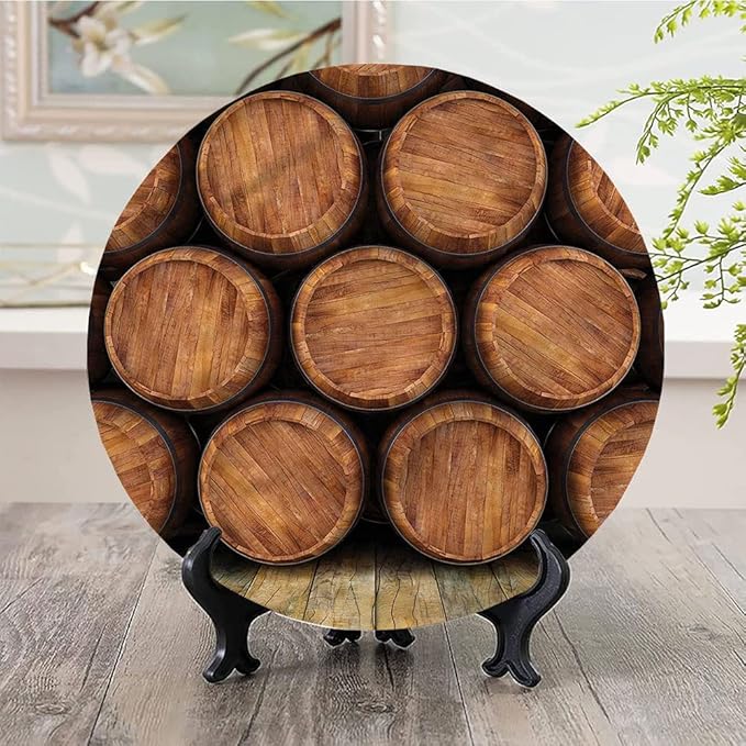 Ceramic Plates, Wine Decorative Ceramic Plates, Wall of Wooden Barrels, 10 Inch, for Dining, Parties, Wedding, Multicolor