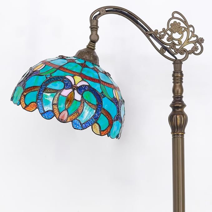 Tiffany Floor Lamp Stained Glass Lamp 18.88X12X67 Inch Angle Adjustable Arched Gooseneck Antique Reading Light (Green Brown Jewelry Baroque)