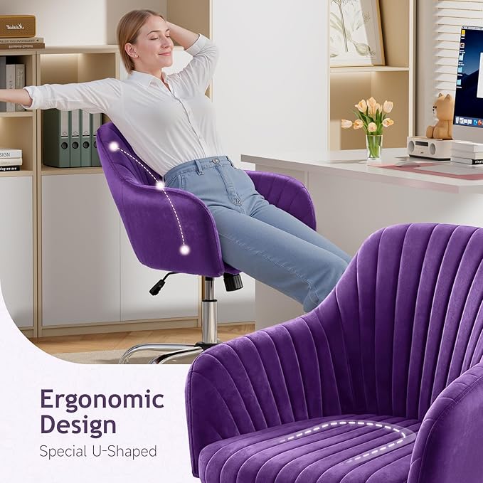 Warmiehomy Desk Chair, Velvet Office Chair for Home Office, Comfy Vanity Chair, Girl Cute Makeup Chair with Arm Rest for Bedroom Dressing Room, Purple