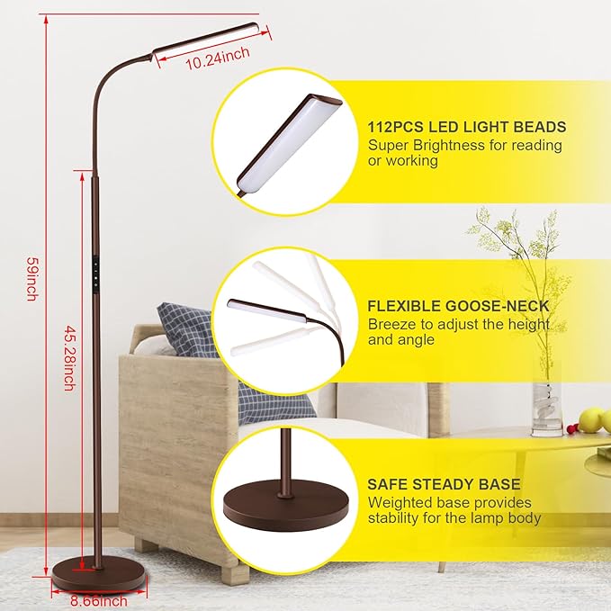 Dimunt LED Floor Lamp, Bright 15W Floor Lamps for Living Room, Adjustable 3000K-6000K & Brightness Standing Lamp with Remote & Touch Control, Reading Floor Lamps with 1H Timer for Home Office-Brown