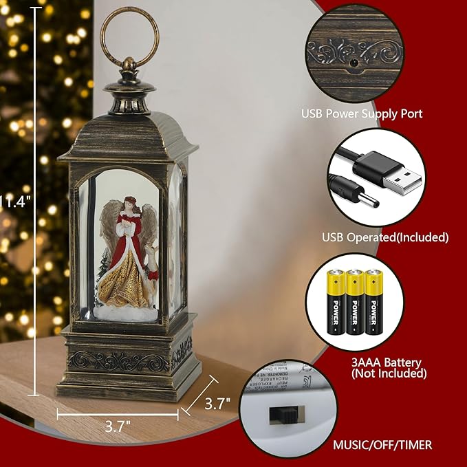 Eldnacele Angel Music Snow Globe Lantern with 6 Hour Timer, Battery Operated & USB Powered Singing Lighted Lamp Swirling Water Glittering Christmas Decoration Holiday Decor Lantern