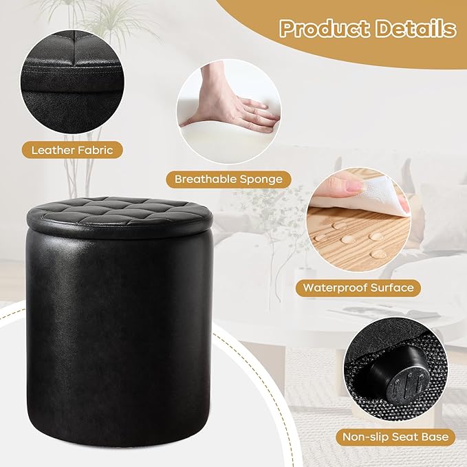 Round Ottoman with Storage Set of 2, 12.6" W x 14.17" H & 14.76" W x 17.32" H Faux Leather Storage Ottoman for Living Room Bedroom, Small Coffee Table Padded Ottoman, Black