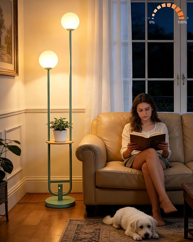 Lightdot 63IN Green Floor Lamp with U Pole, 2 Globe Mid Century Standing Lamps with Bulbs Included, Unique Vintage Dimmable Tall Floor Lamp for Living Room/Wedding/Party/Sofa Beside/Corner Decor
