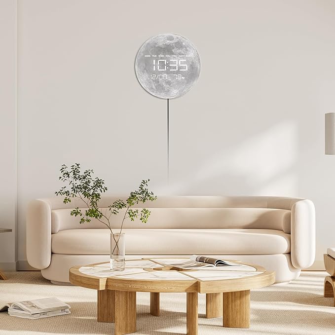 Digital Wall Clock, LED Moon/Earth Design, Temperature Display, 7.87 x 7.87 inches (Moon, 12.59 INCH)