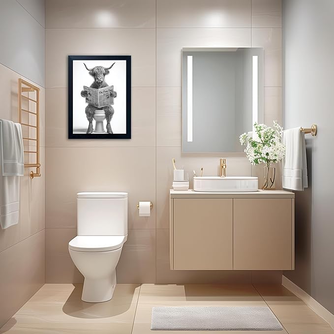 Funny Highland Cow Bathroom Wall Art - Framed Black and White Bathroom Wall Decor, Humorous Cow Picture Wall Decor with Cute Animal Canvas, Modern Farmhouse Style Restroom Sign Art for Toilet & Washroom 16"x20"