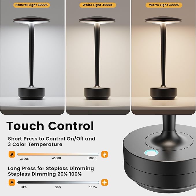 Cordless Table Lamp Rechargeable,6000mAh Battery Operated LED Desk Lamp 3 Color Stepless Touch Dimming,Waterproof Portable Memory Function Light for Bedroom,Outdoor,Patio,Dining,Restaurant Black