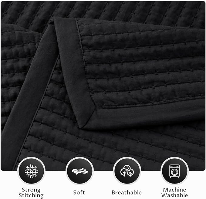 KASENTEX Queen XL Quilt Set 98"x98" – Soft Washed 3-Layer Lightweight Bedspread, Minimalist Nordic Design, All-Season Spring & Summer Quilt Set (1 Quilt + 2 Pillow Shams), Jet Black