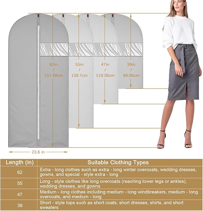 55-Inch Garment Bags Covers,Hanging Clothes Bag, Suit Cover Bags with Clear Window for Hanging Closet Clothes Storage and Travel (Gray-55Inch)