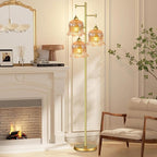 Glass Floor Lamp for Living Room,Bedroom,Mid Century Modern Standing Lamp Brass Tree 3 Light Tall Floor Lamps Vintage Floor Lights Gold Tulip Flower Lamp Shade Farmhouse Boho Bohemian