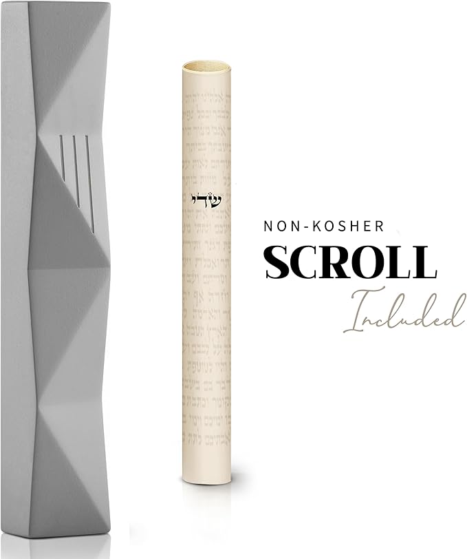 SURI Jewish Mezuzah for Door – 4 Inch Gray Concrete Mezuza Case with Printed Scroll, Fits a 3 Inch Mezuzzah Scroll, Self-Stick Adhesive, Gift Box Included