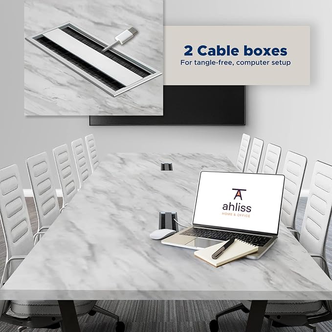 Sturdy Conference Table with Cable Management Grommets Modern Rectangle Office Meeting Table with Wood Tabletop and Metal Frame & Legs- Easy Assembly Boardroom Table (White Marble, 10 Foot)