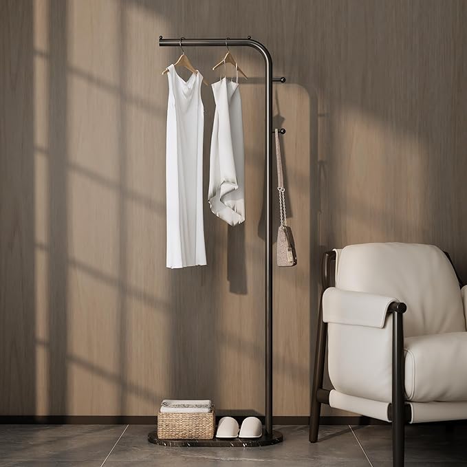 clothes rack,Modern clothing racks for hanging clothes,7-shaped coat rack Freestanding with Stable Oval Marble Base and 2 Hooks,small garment rack for Jackets, Coats, Hats(black)