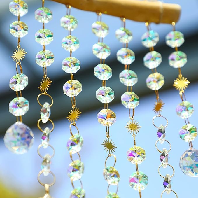 13.1 Inch Crystal Suncatcher with Natural Wood & Leaf Charms - Colorful Hanging Window Ornament for Christmas Tree