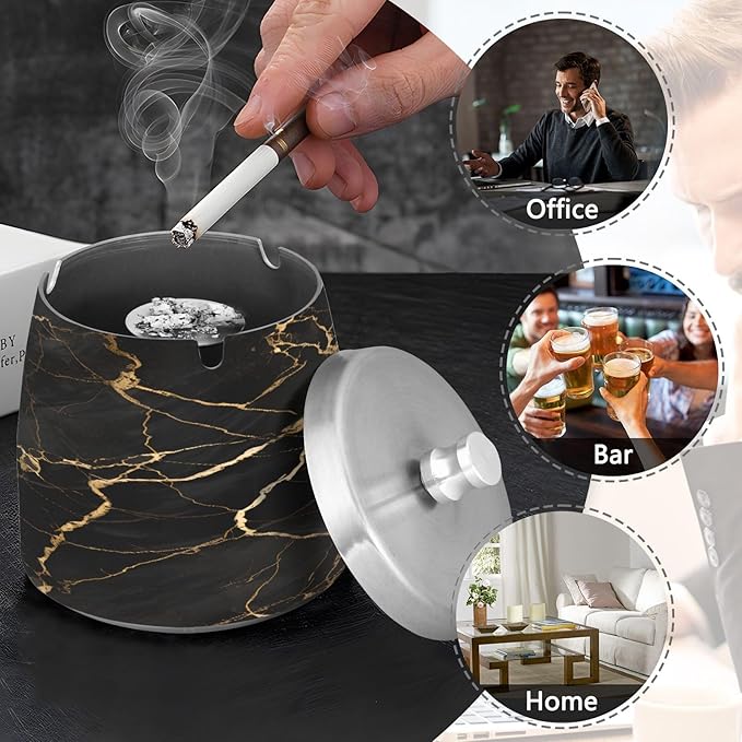 Black Gold Marble Textures Ashtray with Lid, Outdoor Ashtrays for Patio, Stainless Steel Ashtray Odorless Smokeless for Home Office Balcony
