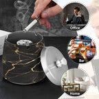 Black Gold Marble Textures Ashtray with Lid, Outdoor Ashtrays for Patio, Stainless Steel Ashtray Odorless Smokeless for Home Office Balcony