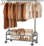 Heavy Duty Clothes Rack, Rolling Clothing Rack for Hanging Clothes with 2 Sturdy Shelves Load 650 LBS, Metal Garment Rack with Wheels for Bedroom, Laundry Room, Retail Store, Black