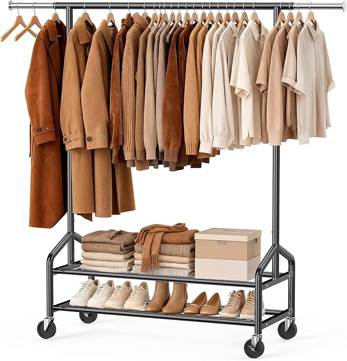 Heavy Duty Clothes Rack, Rolling Clothing Rack for Hanging Clothes with 2 Sturdy Shelves Load 650 LBS, Metal Garment Rack with Wheels for Bedroom, Laundry Room, Retail Store, Black