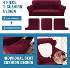 H.VERSAILTEX Sofa Cover 4 Piece T Cushion Sofa Slipcovers Thick Velvet Couch Cover Furniture Protector Stretch T Cushion Sofa Covers for 3 Cushion Couch with 3 Individual T Cushion Covers, Burgundy