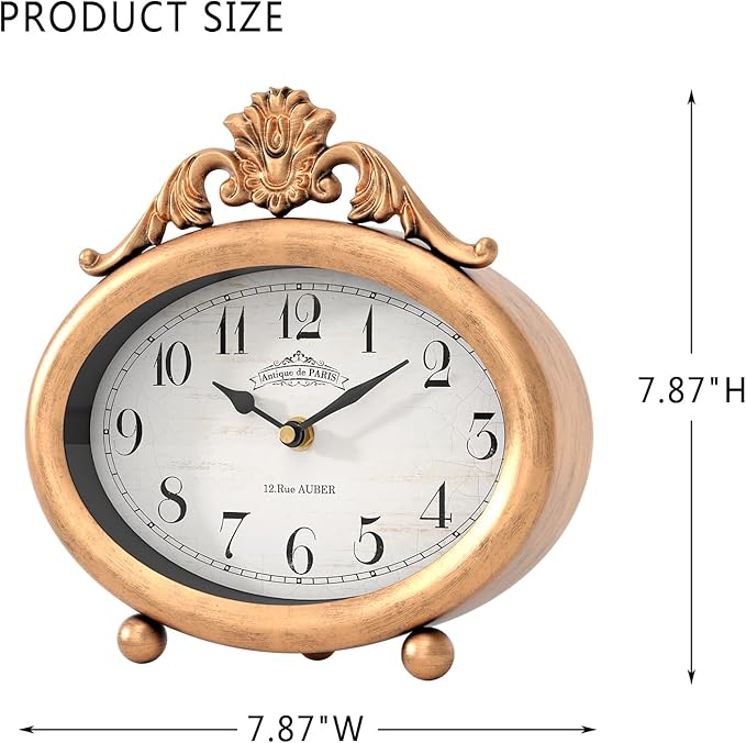 Vintage Table Clock, Desk and Shelf Decor Clock, French Rustic Antique Style Gold Mantel Clocks, for Farmhouse, Living Room, Bedroom, Bedside, Gift (7.87" H x 7.87" W)
