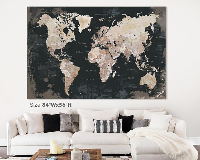 Large Wall Decor Living Room Wall Art Framed Office Pictures World Maps for Wall Canvas Paintings Contemporary Black and White Artwork